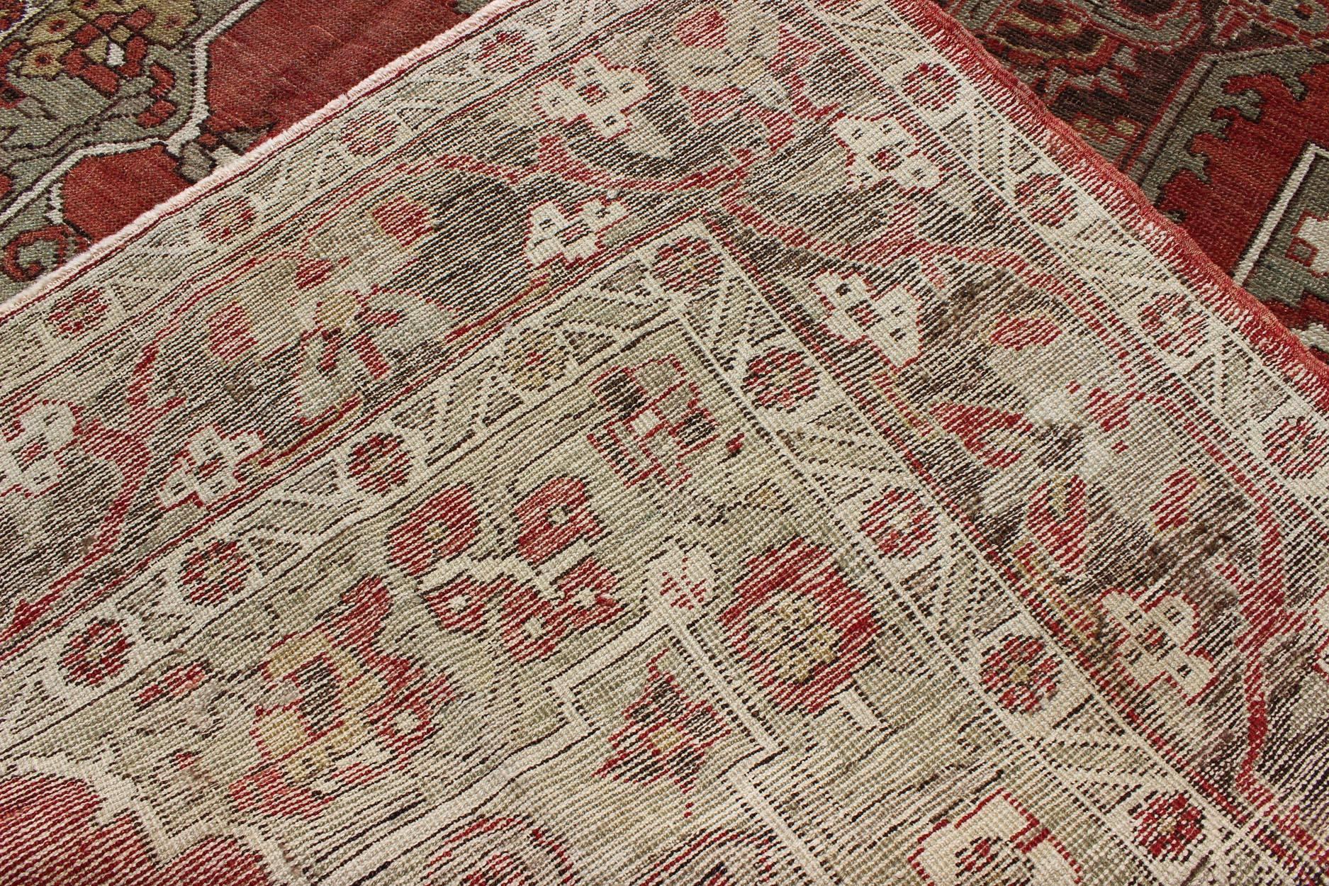 Antique Turkish Oushak Carpet with Medallion in Soft Red, Green and Brown  For Sale 2
