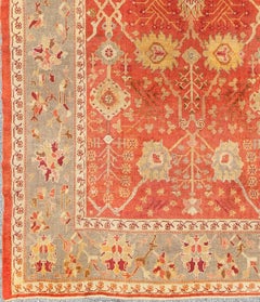 Antique Turkish Oushak Rug With All-Over Design On Orange Red Gray Border