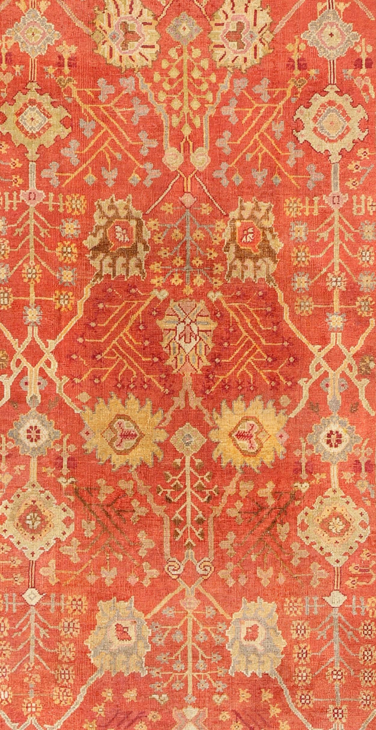 Hand-Knotted  Antique Turkish Oushak Rug With All-Over Design On Orange Red Gray Border For Sale