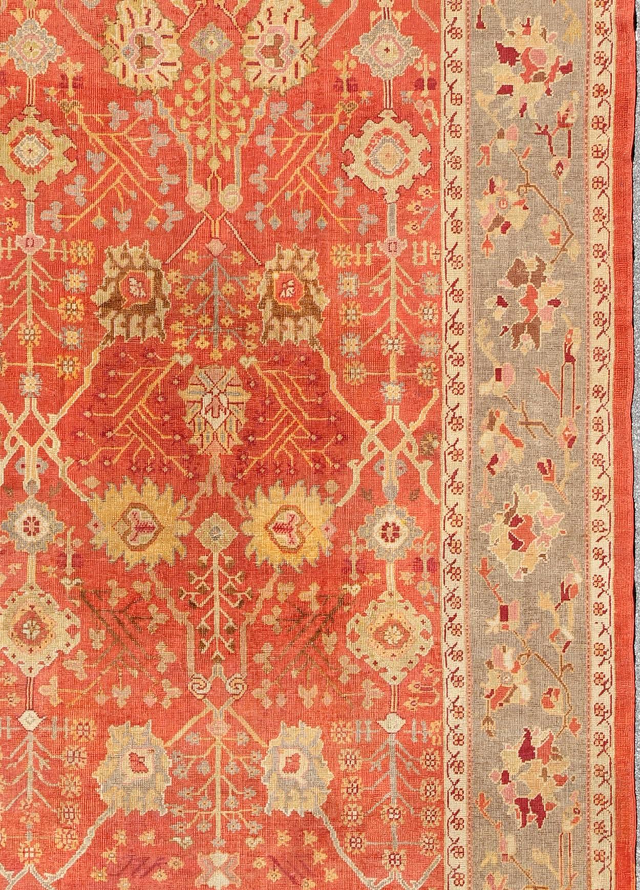  Antique Turkish Oushak Rug With All-Over Design On Orange Red Gray Border In Good Condition For Sale In Atlanta, GA