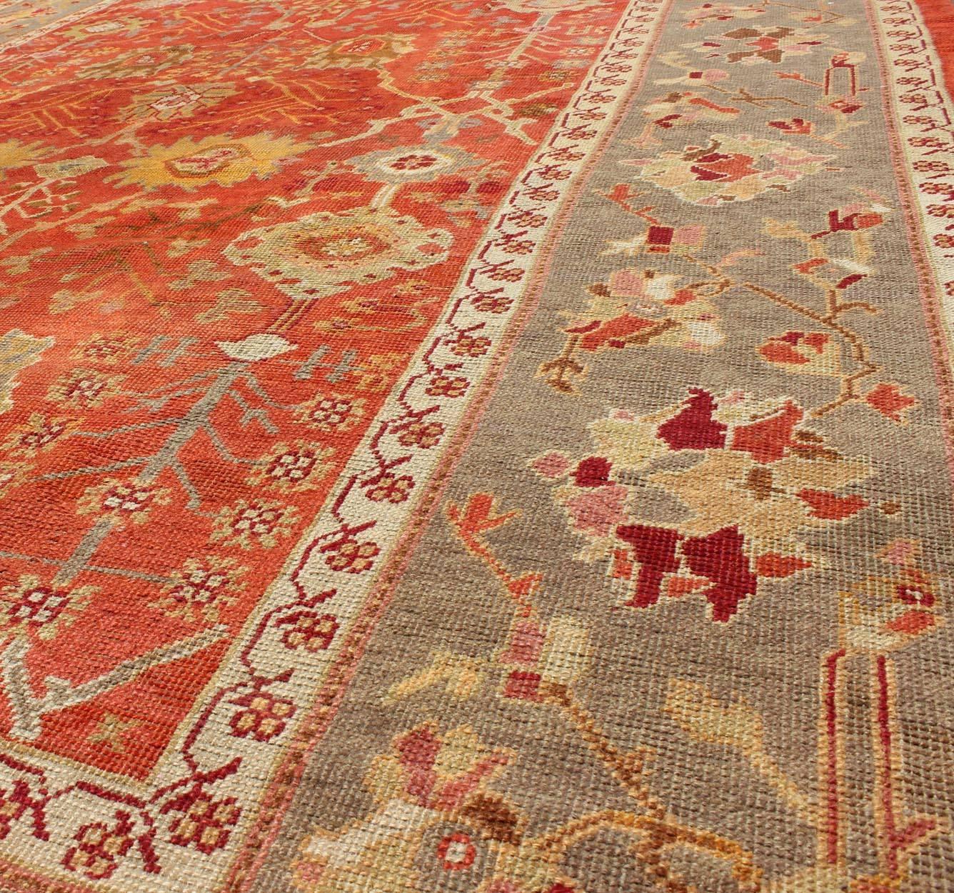 20th Century  Antique Turkish Oushak Rug With All-Over Design On Orange Red Gray Border For Sale