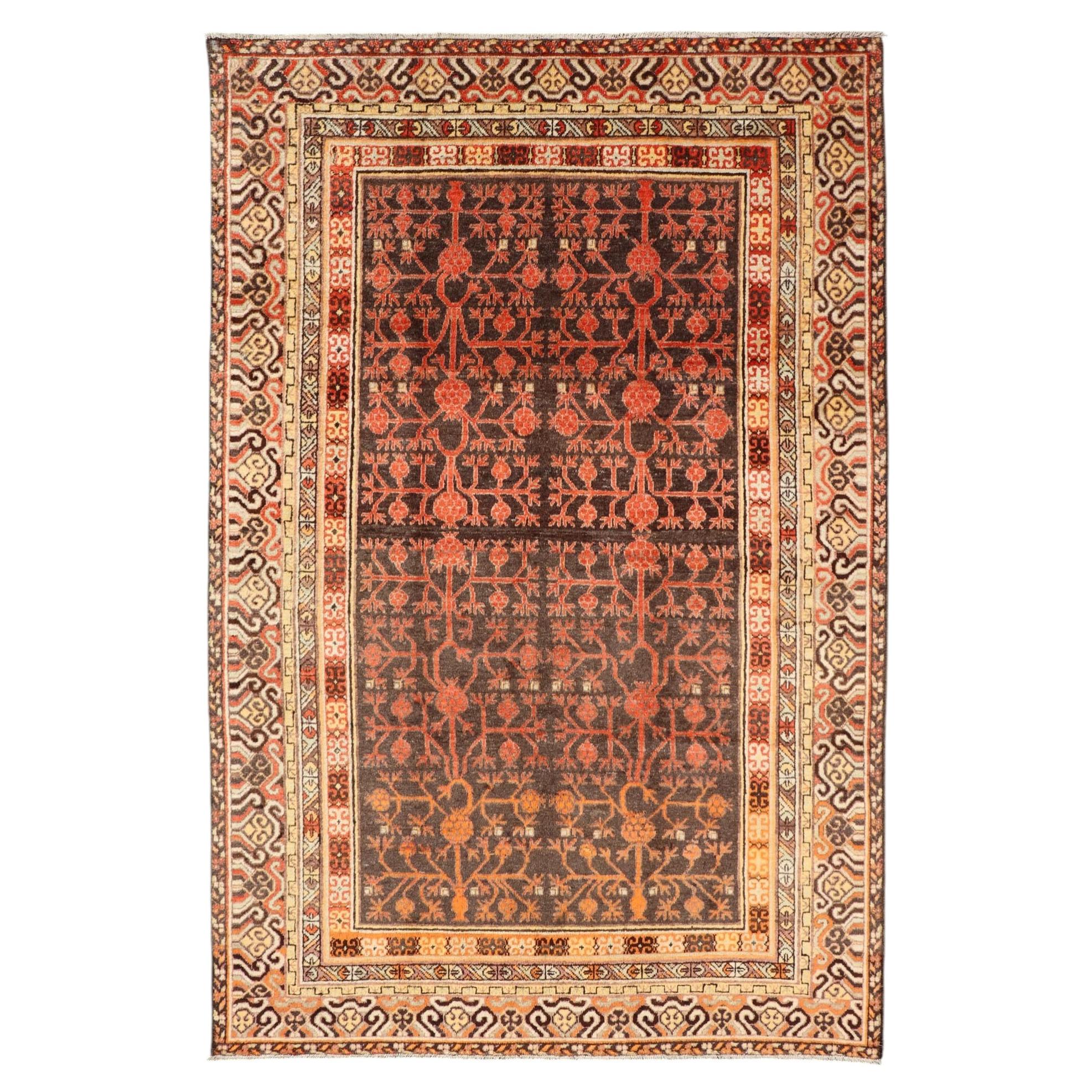 Antique Khotan Rug, Hand-Knotted Wool, Floral Borders, 1920s For Sale