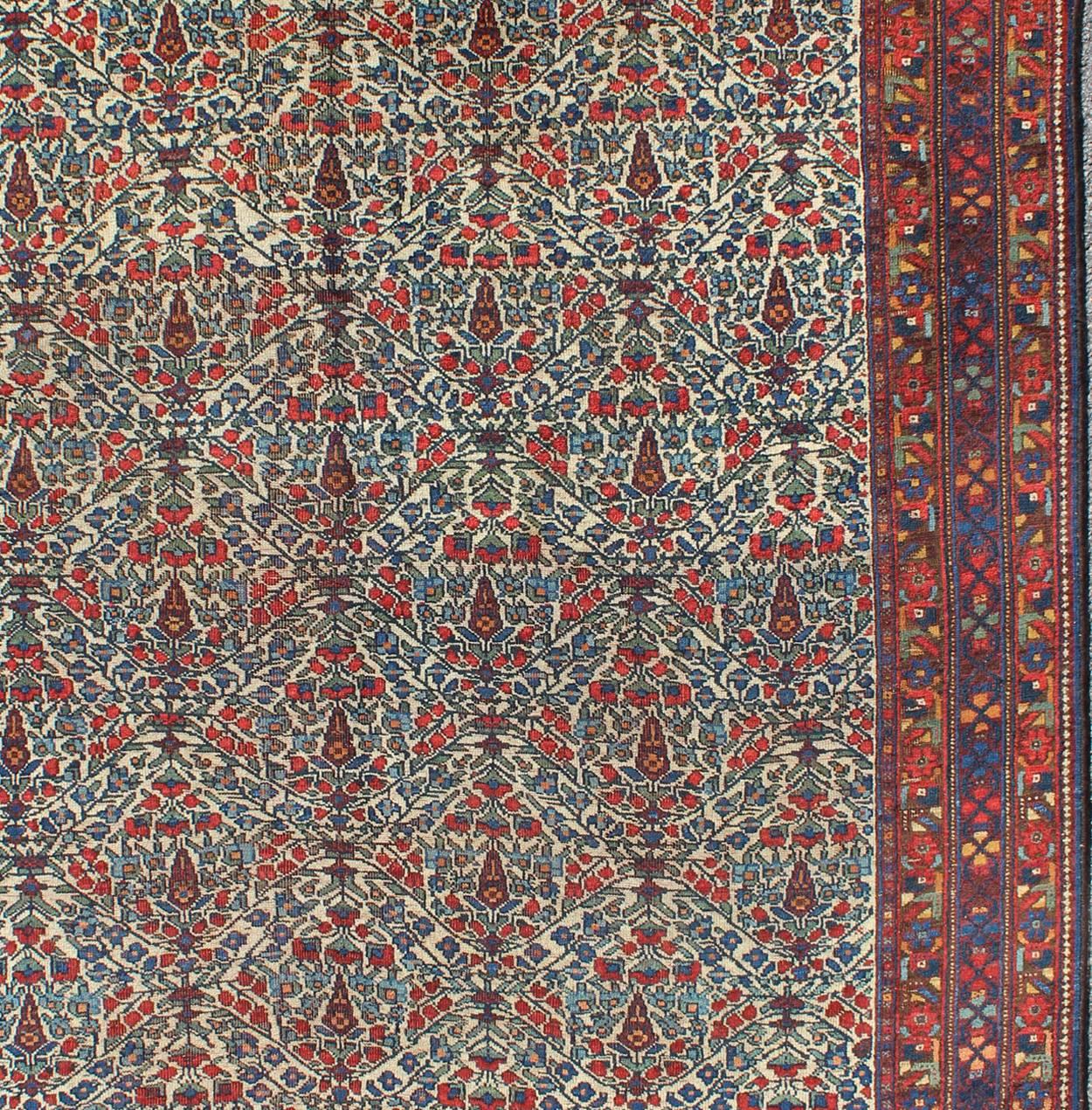 Hand-Knotted  Fine Persian Antique Afshar Rug in Ivory Background & Multi Colors For Sale