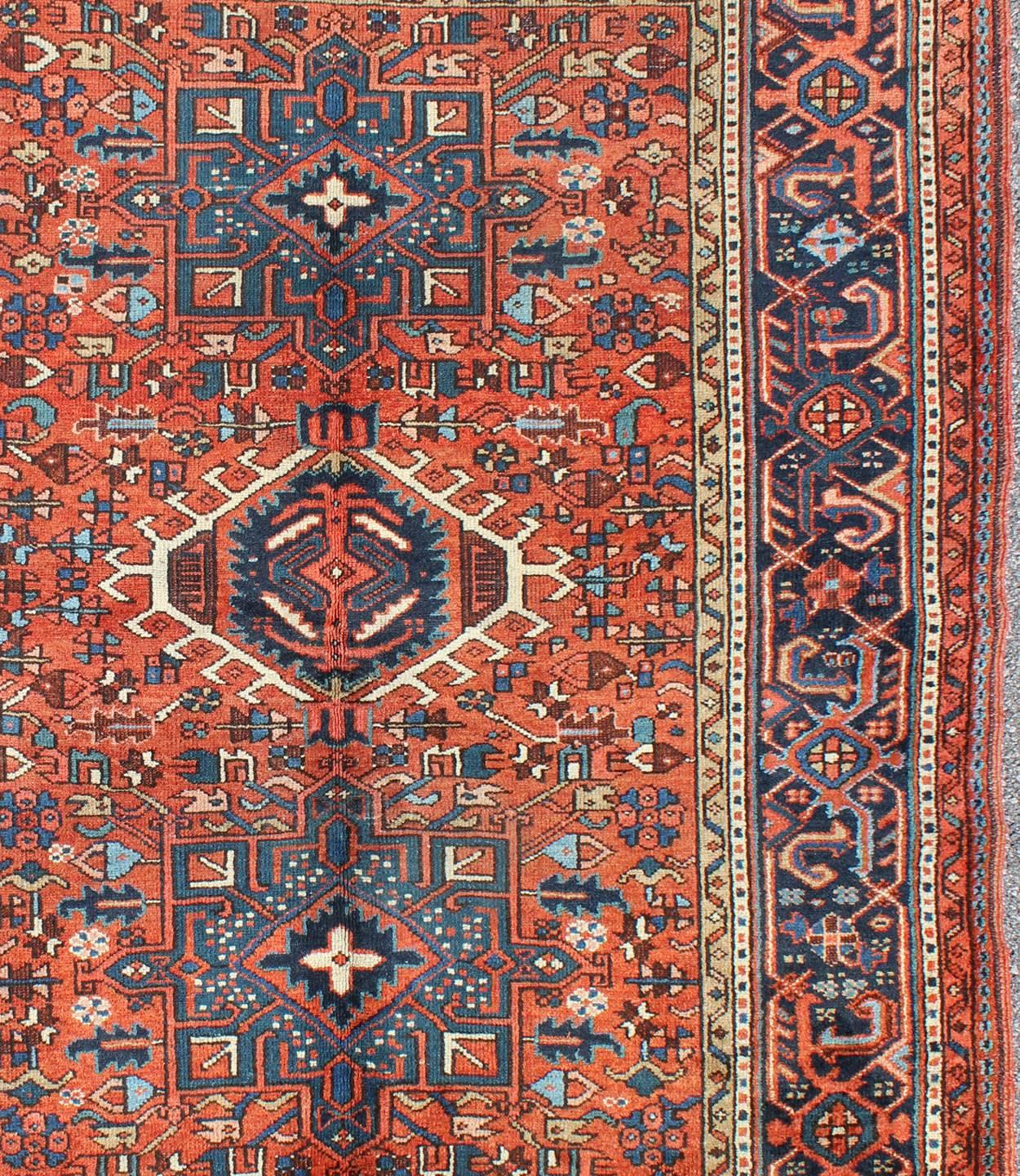 Serapi Antique Persian Karajeh Rug with Three Geometric Medallions in Rust & Blue For Sale