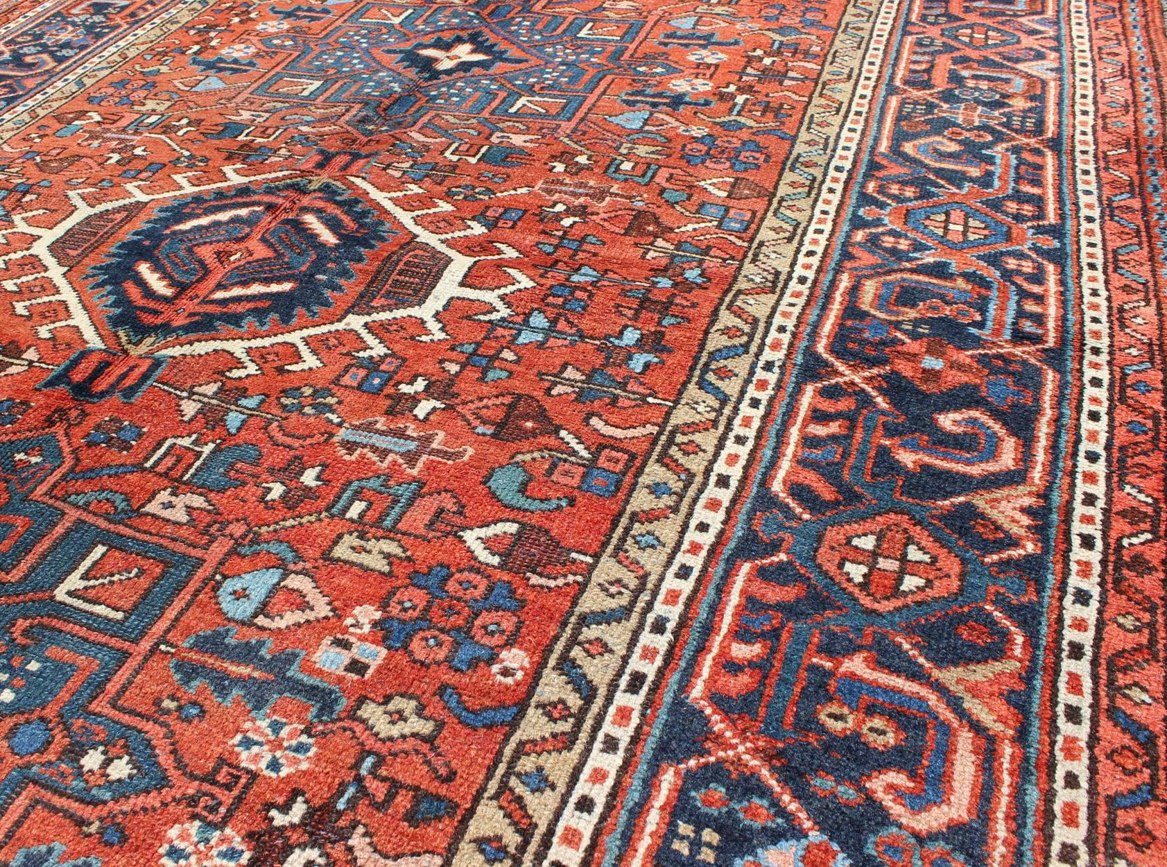Hand-Knotted Antique Persian Karajeh Rug with Three Geometric Medallions in Rust & Blue For Sale