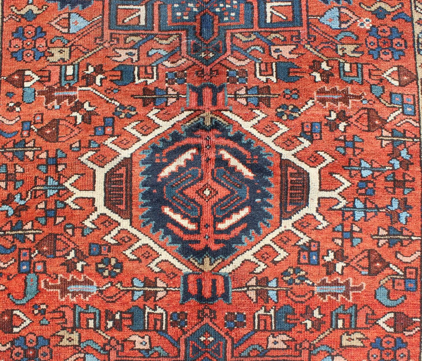 Antique Persian Karajeh Rug with Three Geometric Medallions in Rust & Blue In Good Condition For Sale In Atlanta, GA