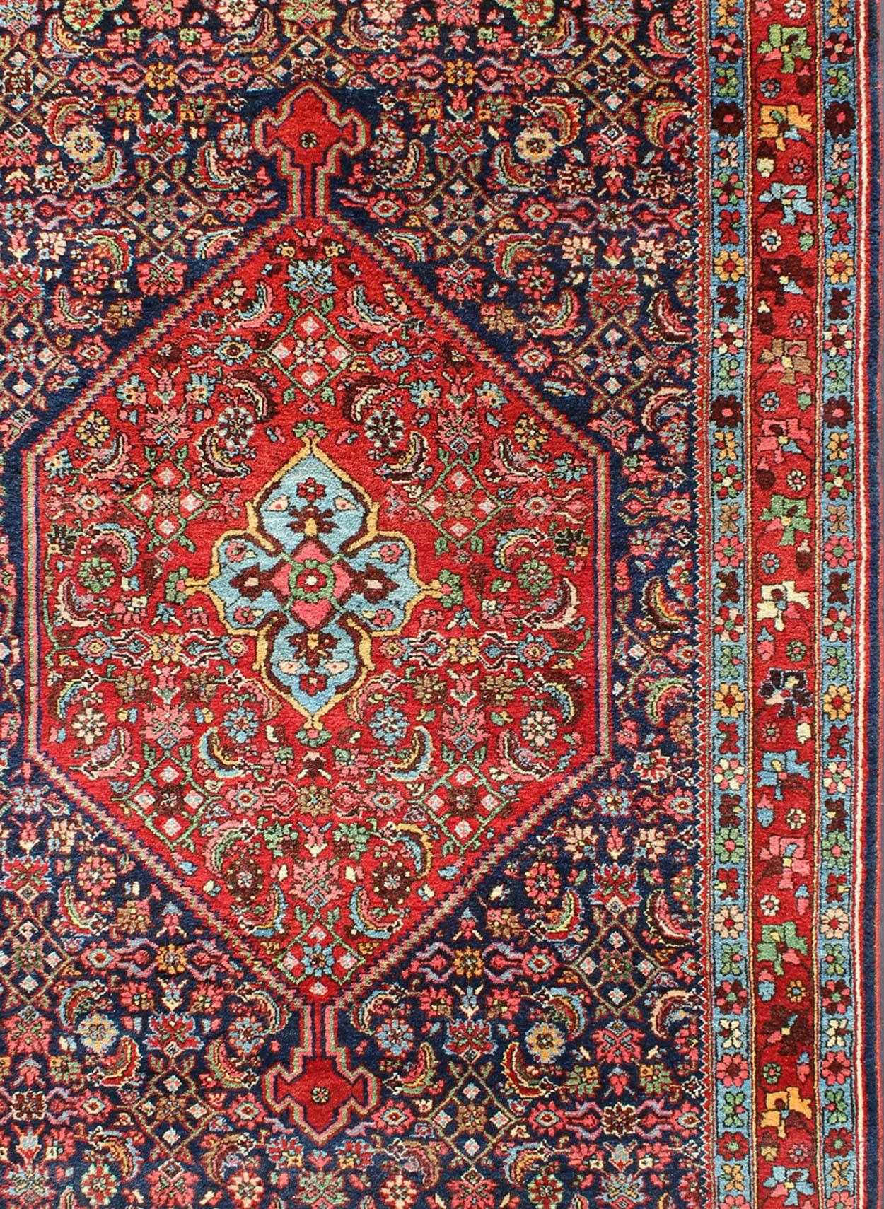 Persian Beautiful Antique Geometric Bidjar With Diamond Medallion and Blue Background