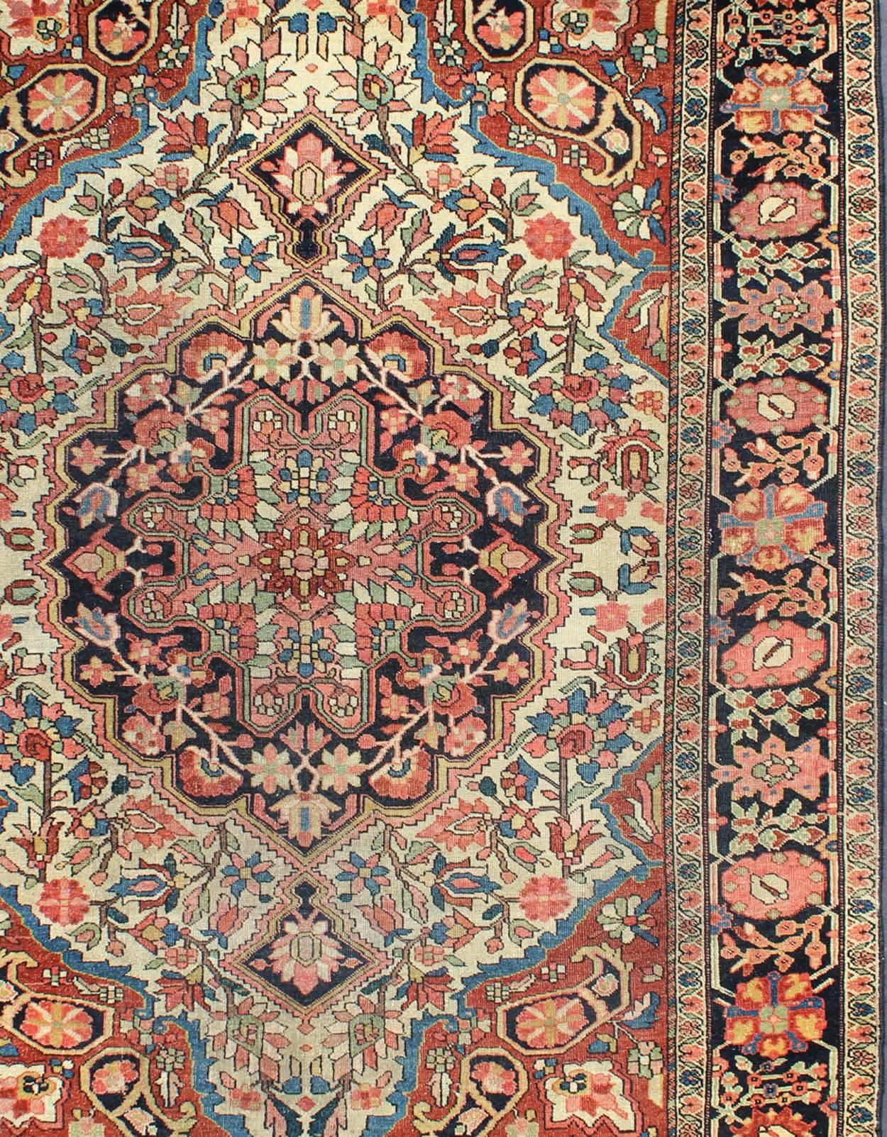 Hand-Knotted Antique Fine Persian Sarouk Farahan Rug With Floral Medallion Design 