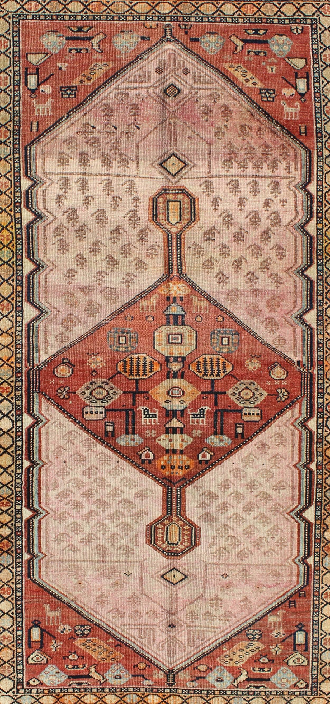 Tribal Antique Persian Serab Rug with Geometric Medallion Design in Tan and Pink For Sale