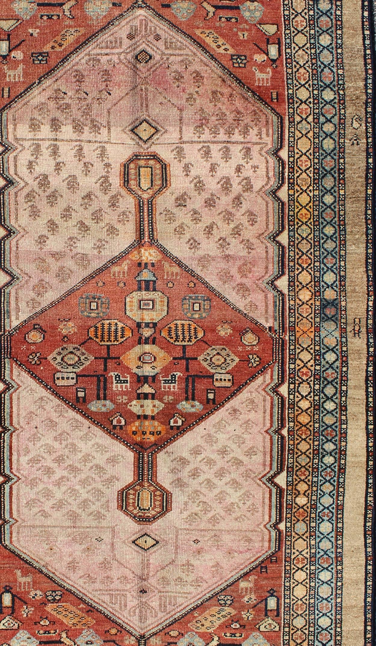 Hand-Knotted Antique Persian Serab Rug with Geometric Medallion Design in Tan and Pink For Sale