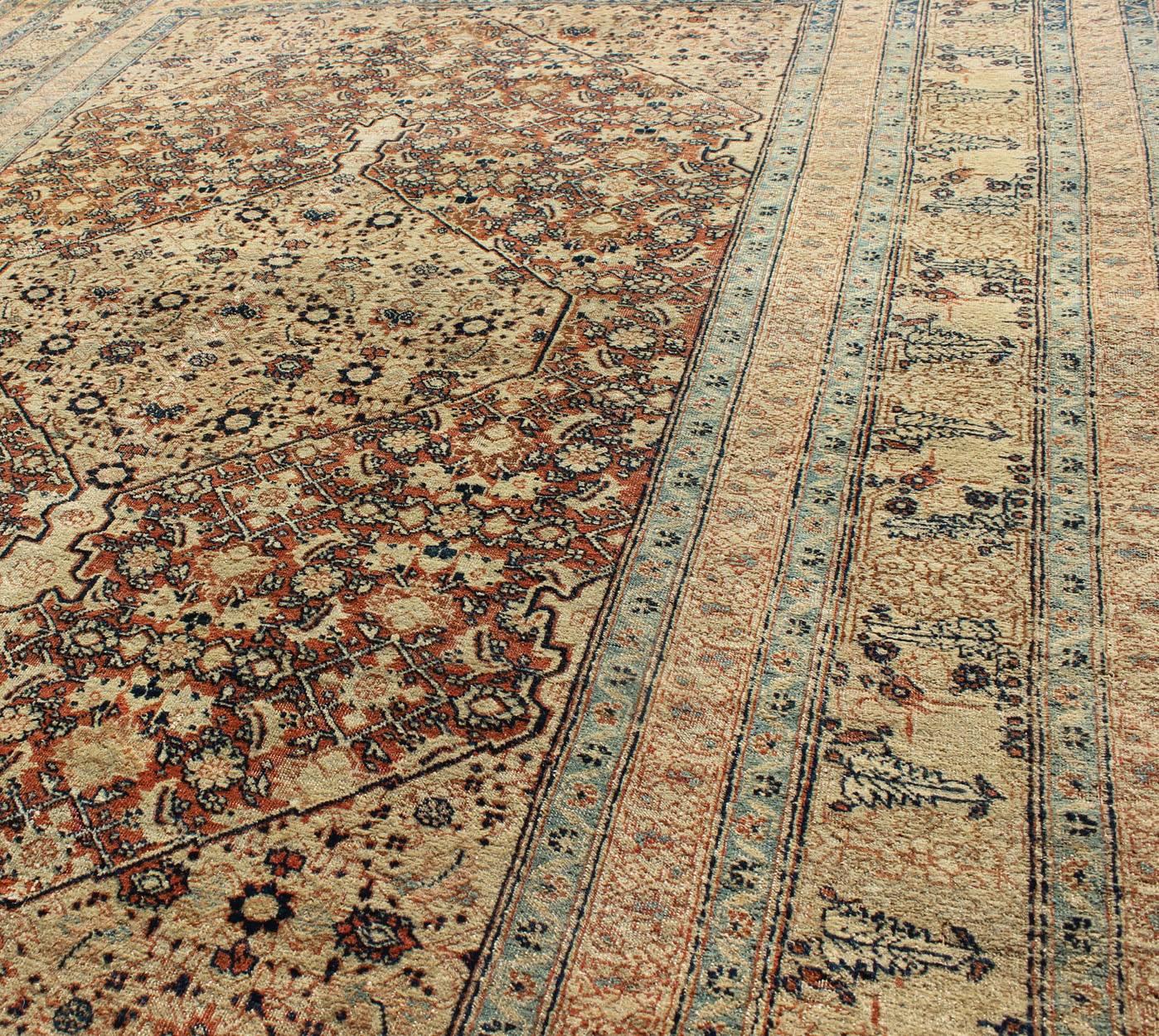 Late 19th Century Antique Persian Tabriz Haj Jalili Fine Rug in Earth tones, Red Brown Background For Sale