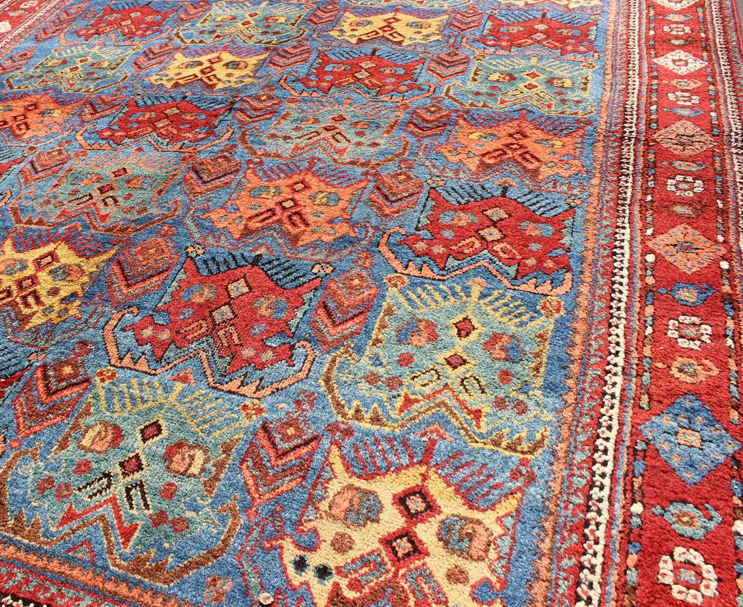 Antique Persian Afshar Rug in Blue Background, Terracotta Red Border & Lt. Green In Excellent Condition For Sale In Atlanta, GA