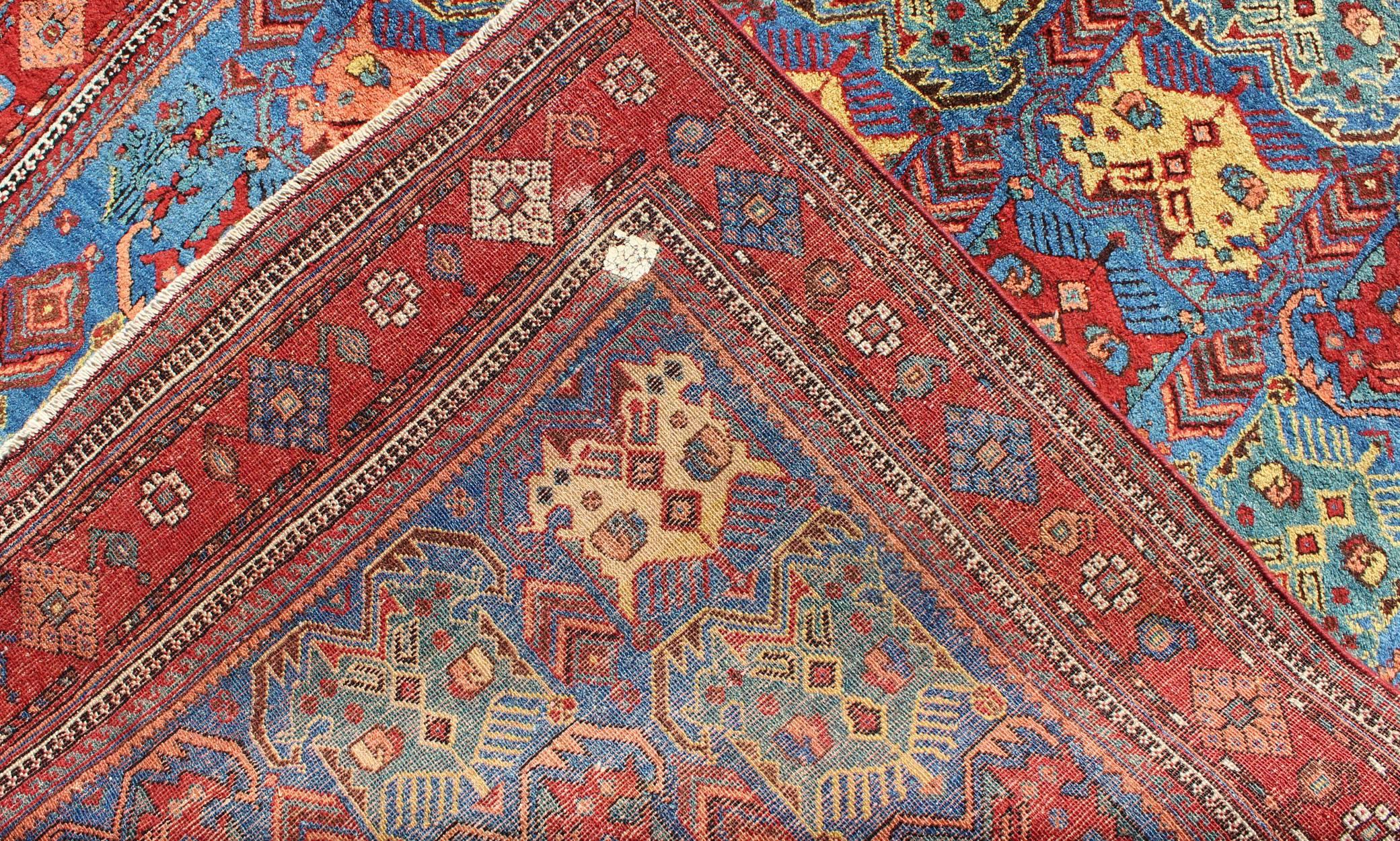 Early 20th Century Antique Persian Afshar Rug in Blue Background, Terracotta Red Border & Lt. Green For Sale