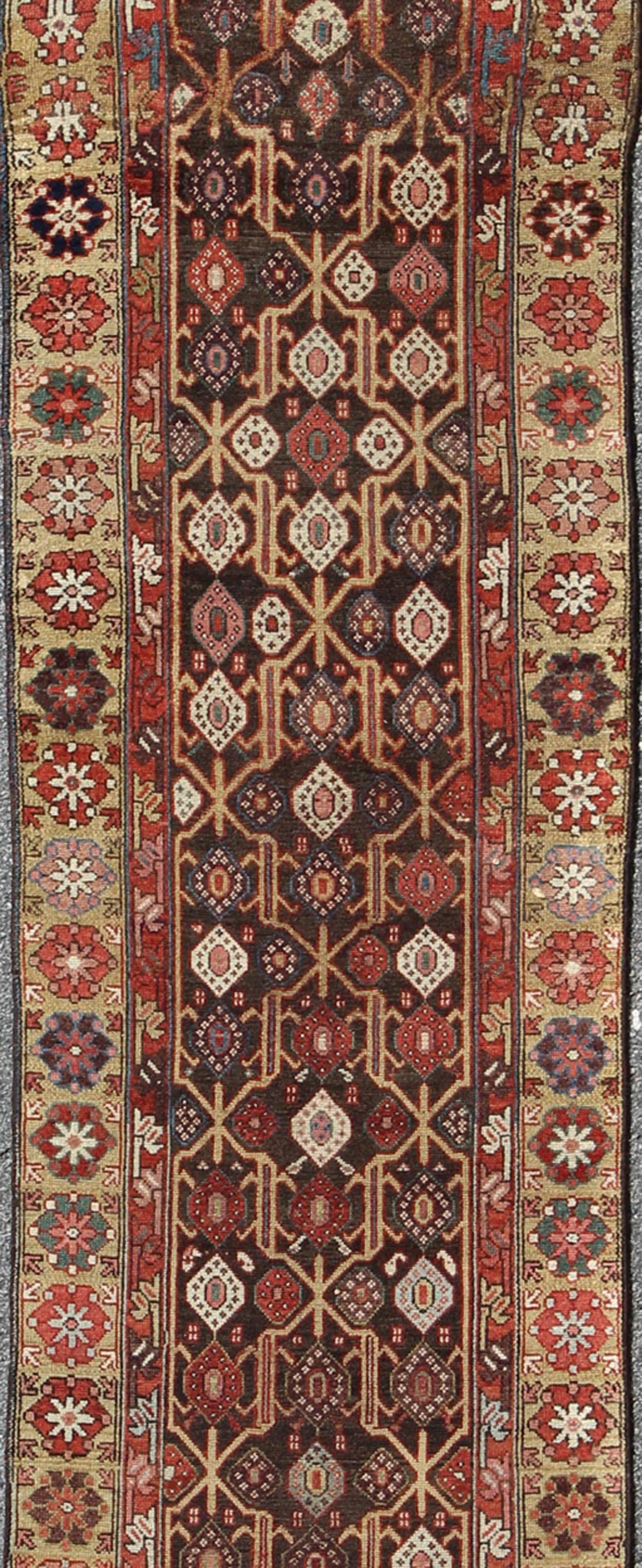 Persian Antique Hand Knotted Kurdish Runner with All-Over Geometric Design For Sale