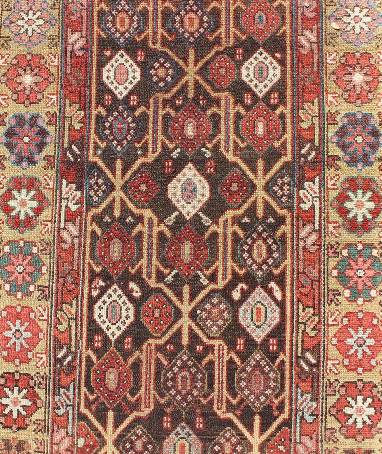Antique Hand Knotted Kurdish Runner with All-Over Geometric Design In Good Condition For Sale In Atlanta, GA