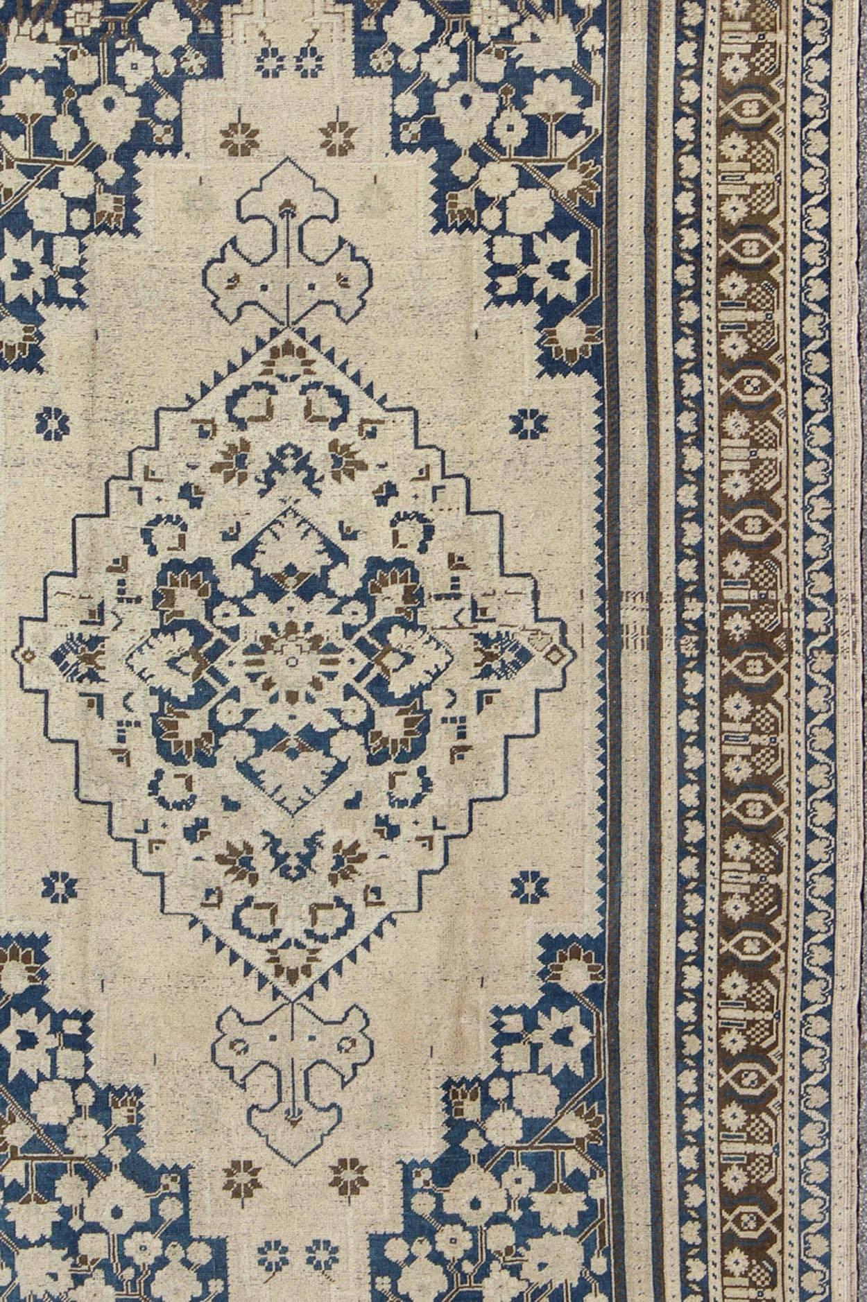 Hand-Knotted Vintage Turkish Oushak Rug with Denim Blue, Brown and Cream Colors For Sale