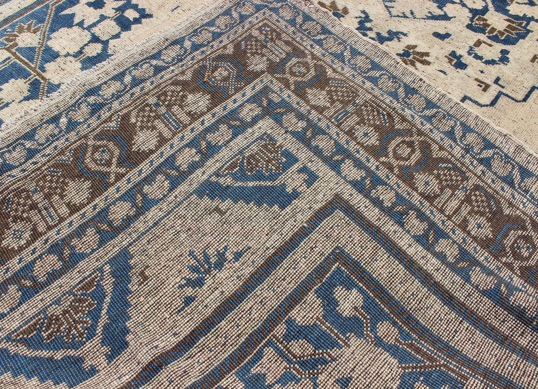 Wool Vintage Turkish Oushak Rug with Denim Blue, Brown and Cream Colors For Sale