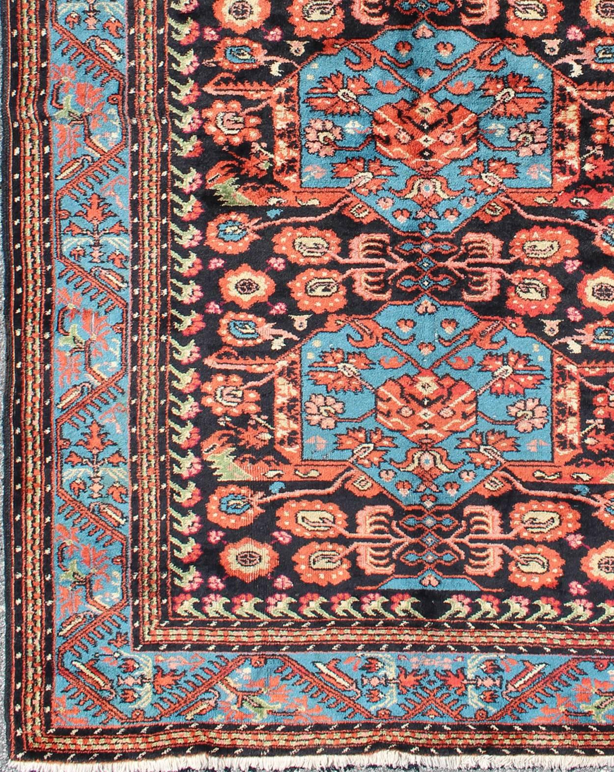 Antique  Persian Mahal Rug in Black Background and Blue Border, H-2042140, 1930's Antique Mahal Rug. Antique  Persian Mahal Rug in Black Background, Blue Border wit terracotta , light green and Salmon. This unique antique  Persian rug features three