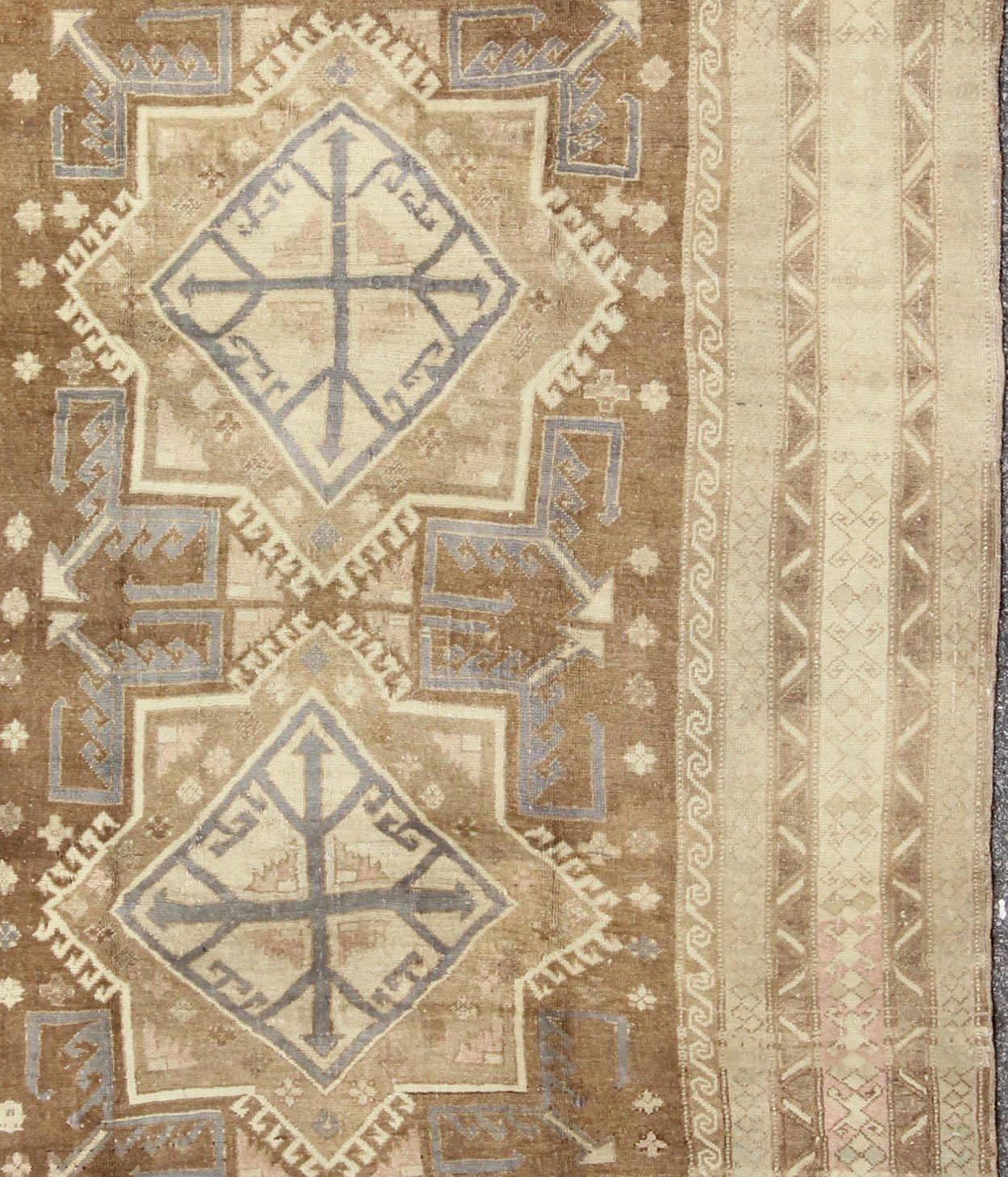 Mid-20th Century Vintage Turkish Oushak in Light Brown, Camel, Blue/Lavender and Cream For Sale