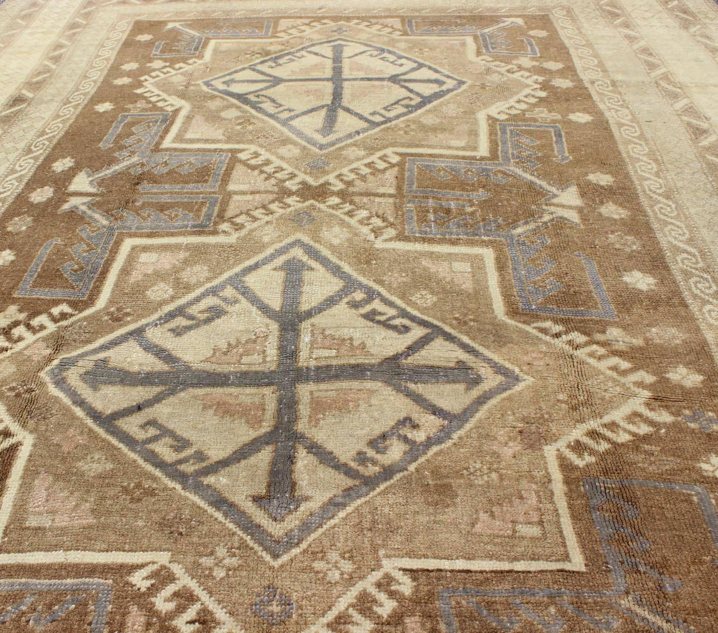 Vintage Turkish Oushak in Light Brown, Camel, Blue/Lavender and Cream For Sale 1