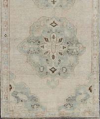 Vintage Oushak Runner in Sea-Foam Green and Blue with Medallion Design