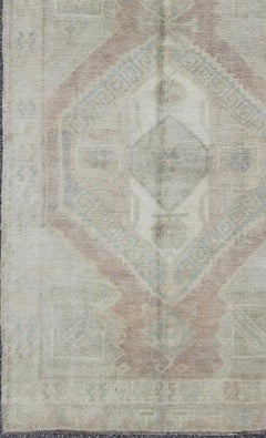 Vintage Turkish Oushak Gallery Rug with Central Medallions in Red and Teal Tones
