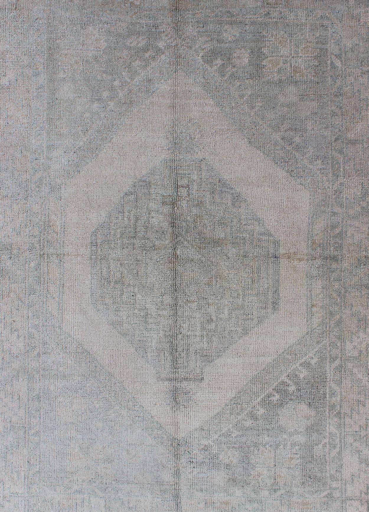 Hand-Knotted Neutral Vintage Turkish Oushak Rug with Floral Design and Medallions