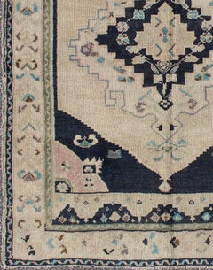 Vintage Hand Knotted Turkish Oushak Rug with Central Medallion in Cream and Blue