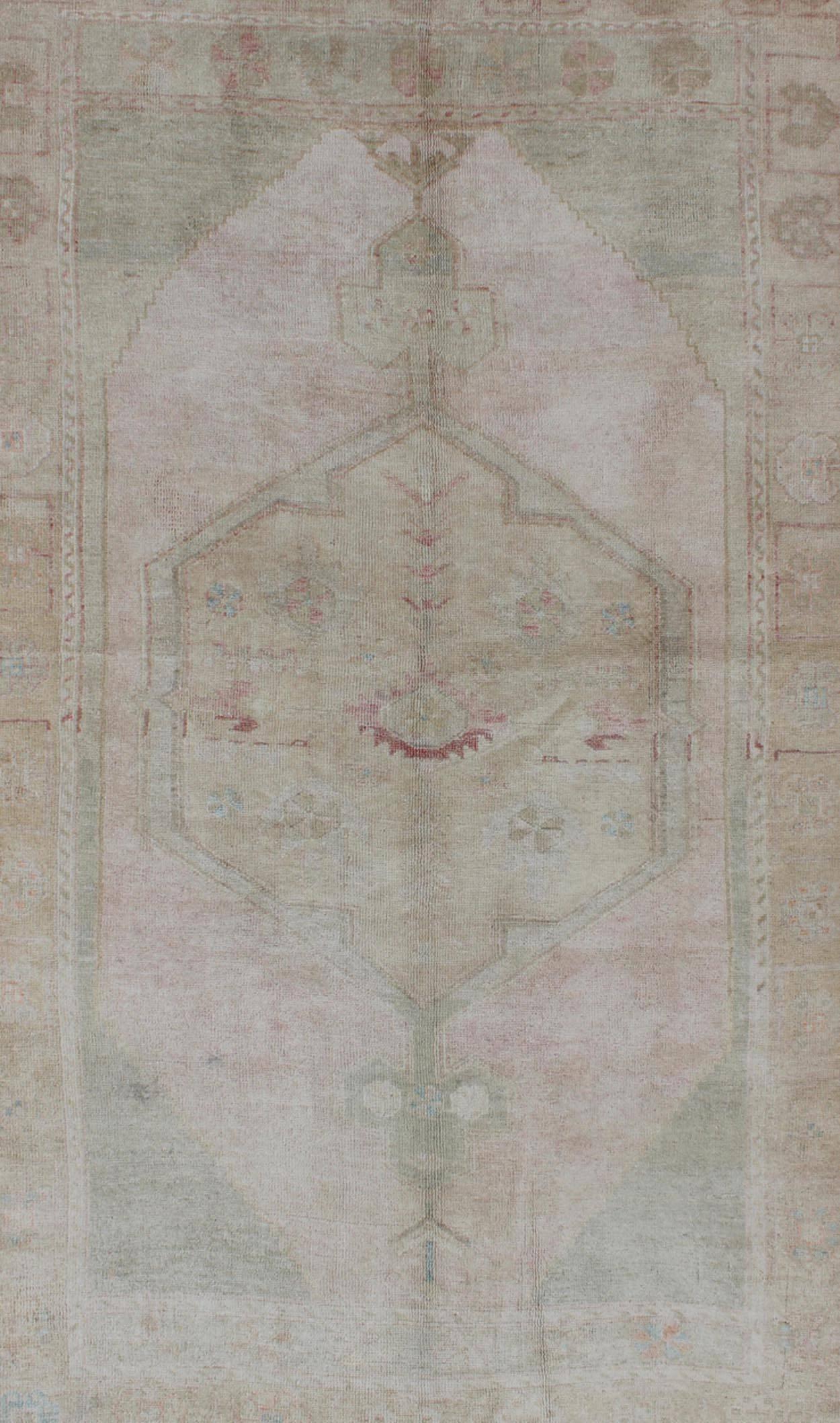 Hand-Knotted Muted Turkish Oushak Vintage Rug with Lustrous Wool and Elegant Medallion