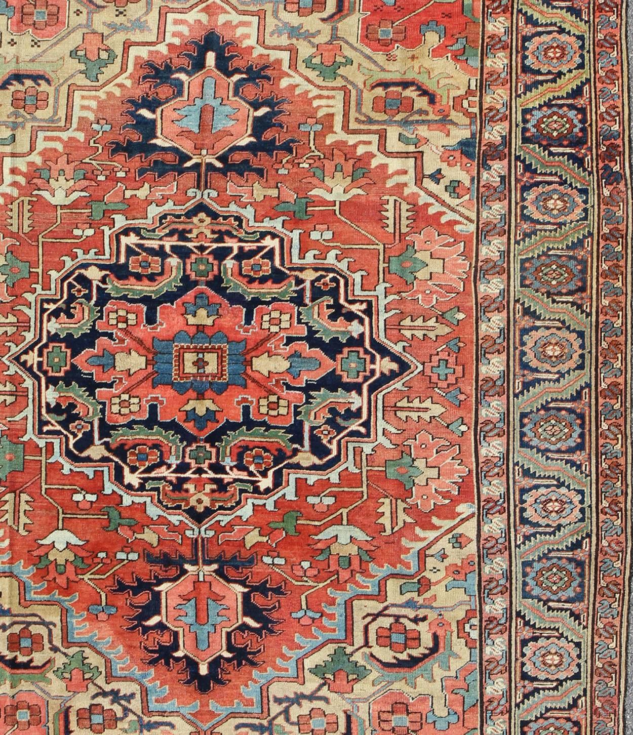 Persian Antique Heriz-Serapi Rug with Multicolored Design in Yellow, Rust and Blue