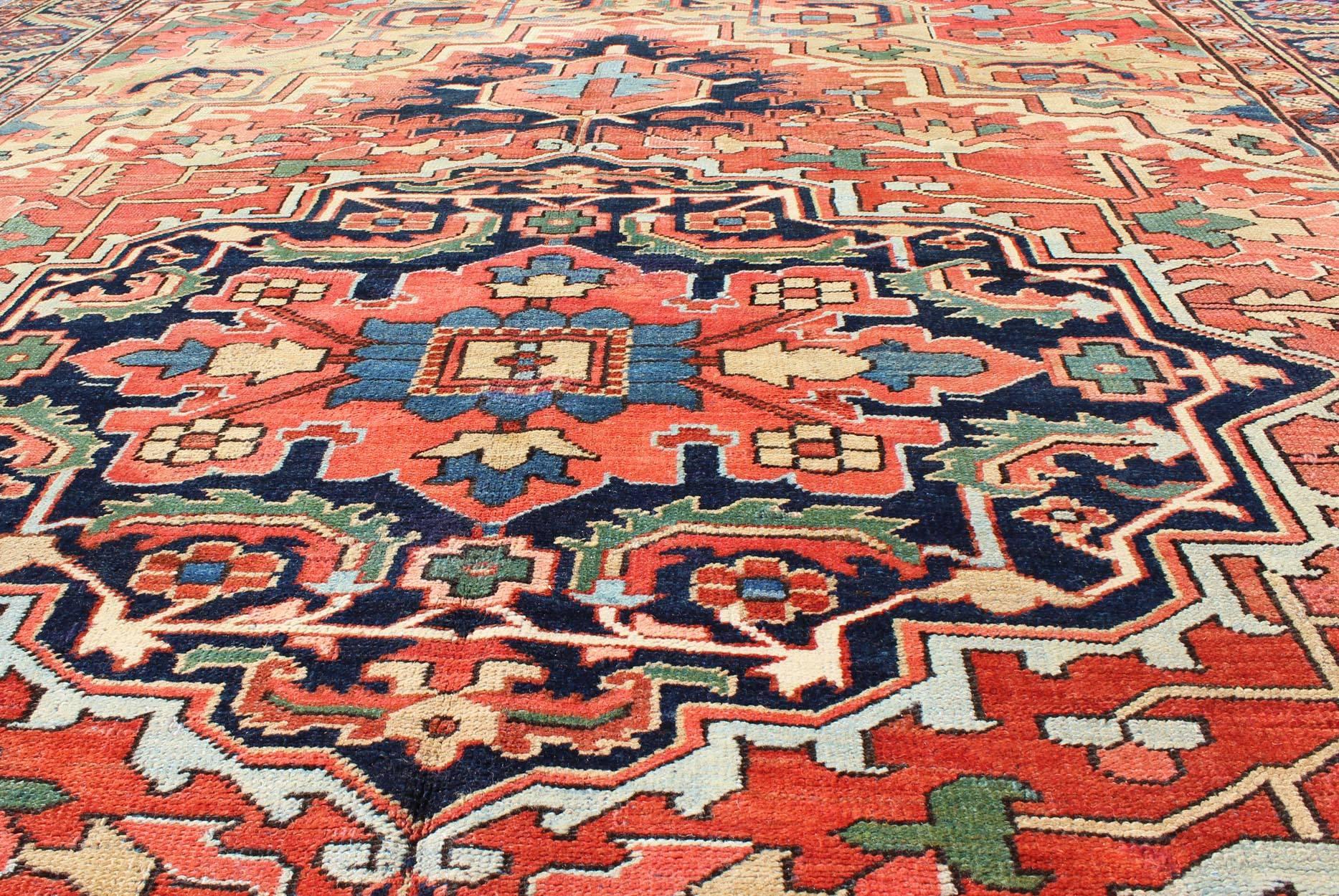 20th Century Antique Heriz-Serapi Rug with Multicolored Design in Yellow, Rust and Blue