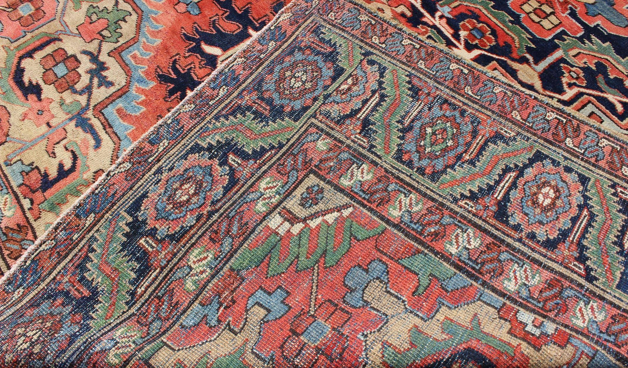 Wool Antique Heriz-Serapi Rug with Multicolored Design in Yellow, Rust and Blue
