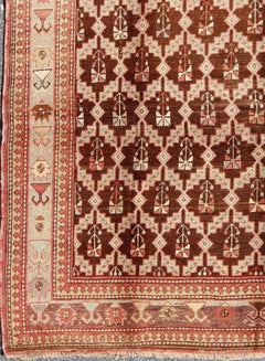 Unique Antique Turkish Oushak Rug in Brown, Taupe, Pale Green and Coral