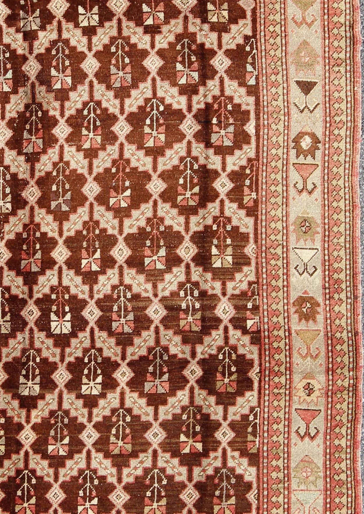 20th Century Unique Antique Turkish Oushak Rug in Brown, Taupe, Pale Green and Coral For Sale