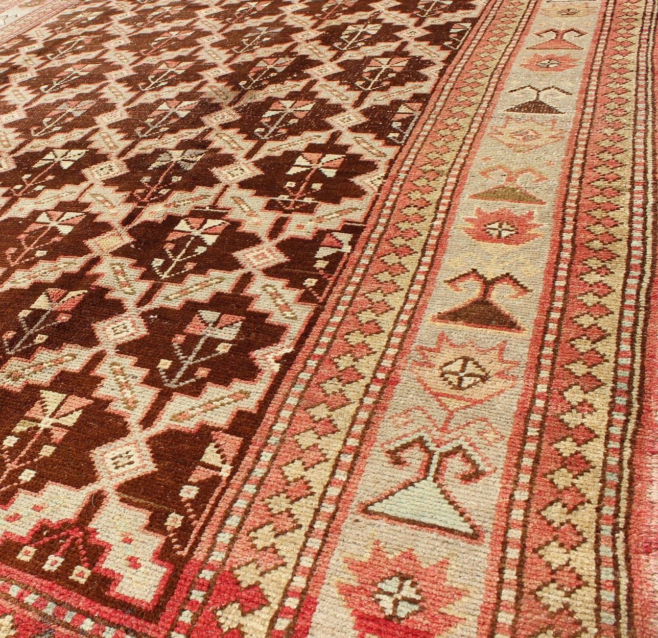 Wool Unique Antique Turkish Oushak Rug in Brown, Taupe, Pale Green and Coral For Sale