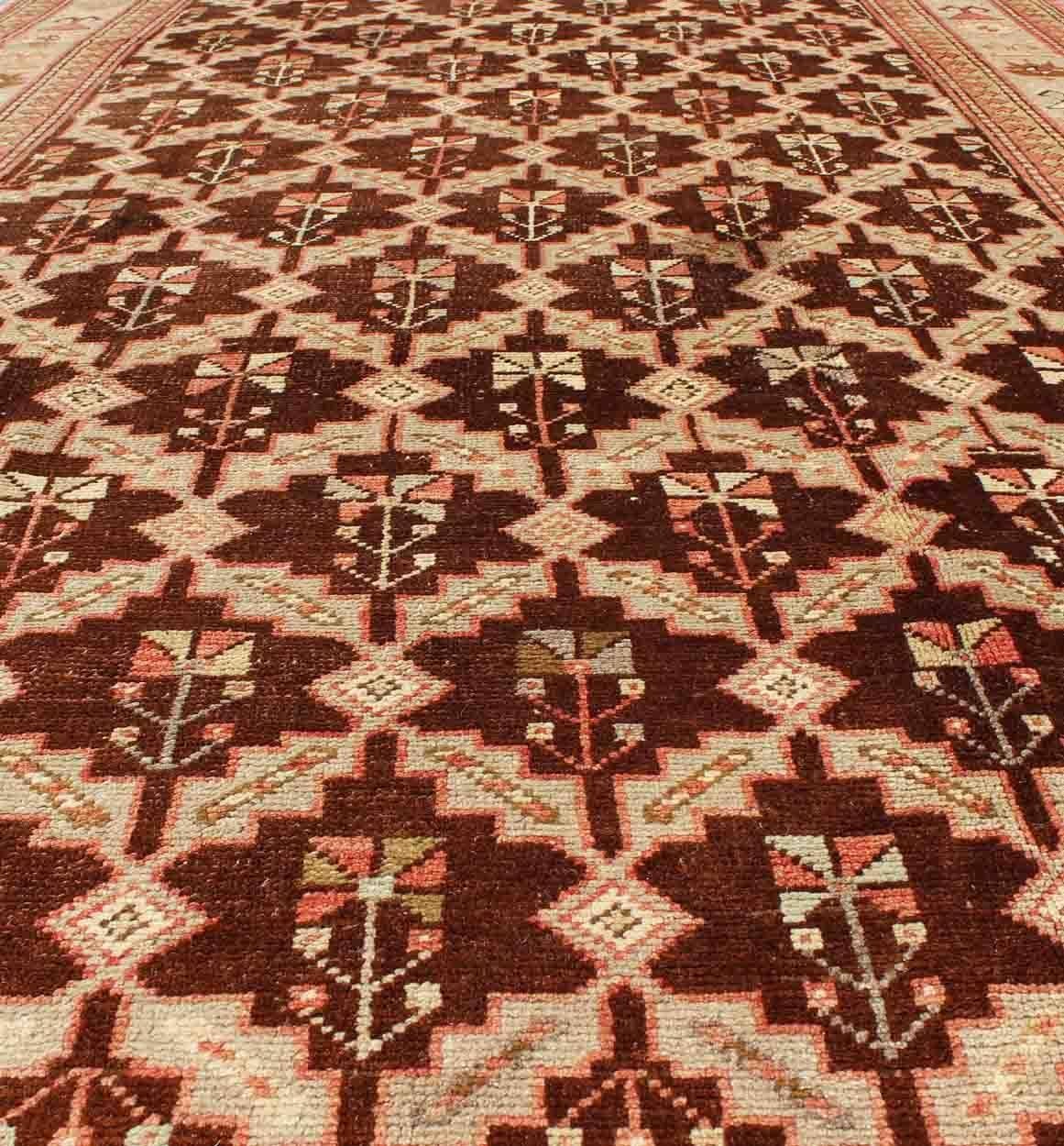 Unique Antique Turkish Oushak Rug in Brown, Taupe, Pale Green and Coral For Sale 1