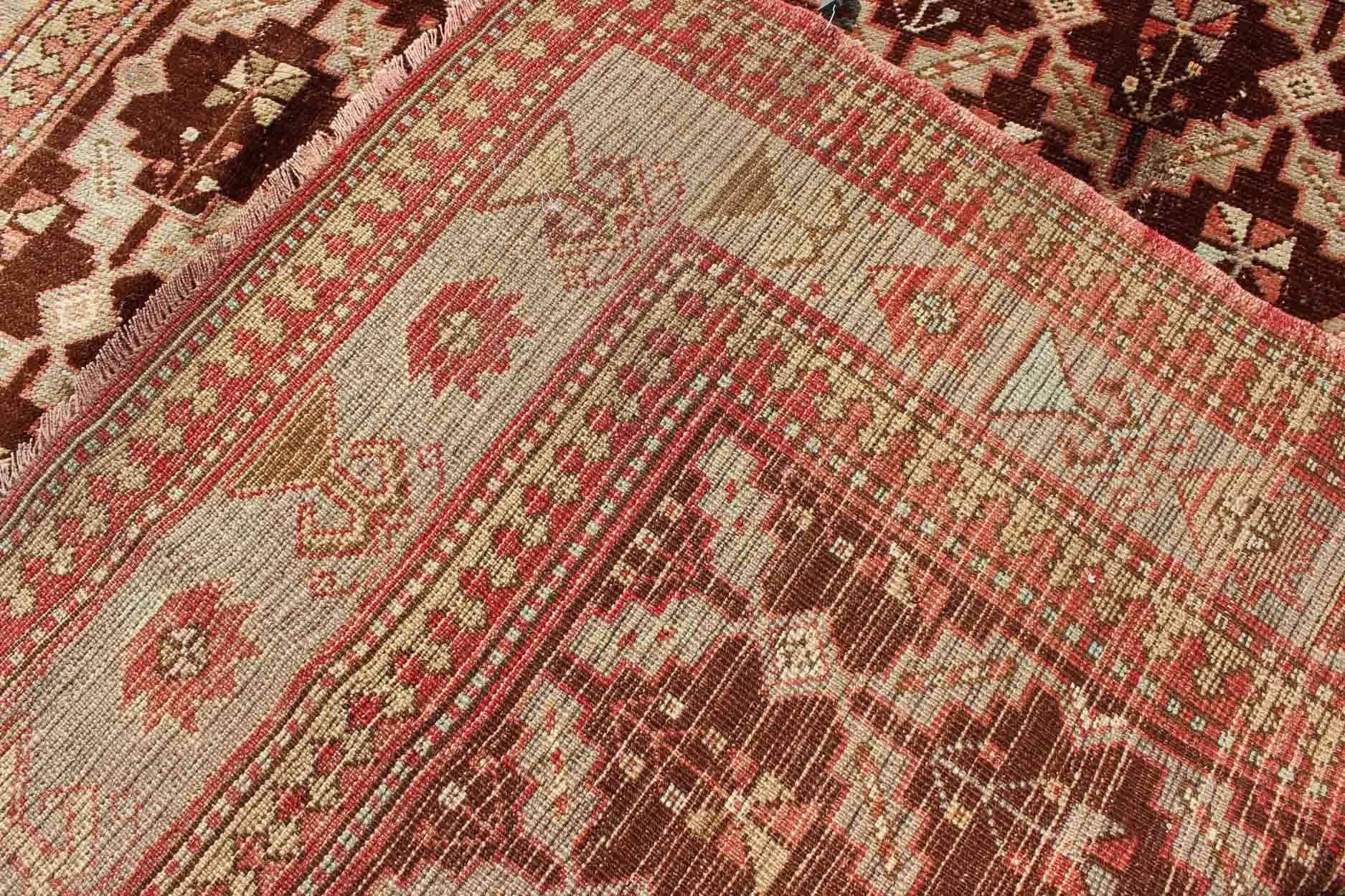 Unique Antique Turkish Oushak Rug in Brown, Taupe, Pale Green and Coral For Sale 2