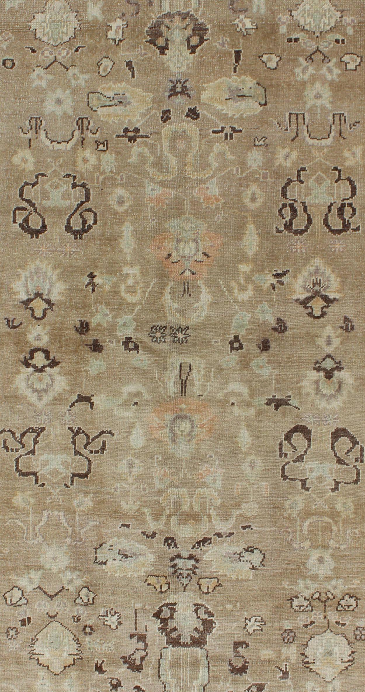 Vintage Turkish Oushak Rug with Floral Design in Chocolate Brown and Taupe In Excellent Condition In Atlanta, GA