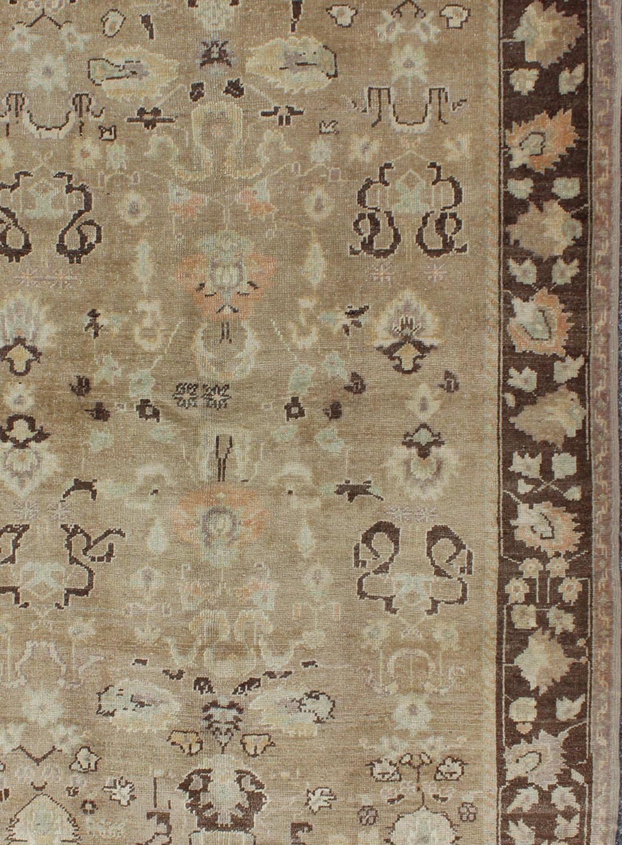 Mid-20th Century Vintage Turkish Oushak Rug with Floral Design in Chocolate Brown and Taupe