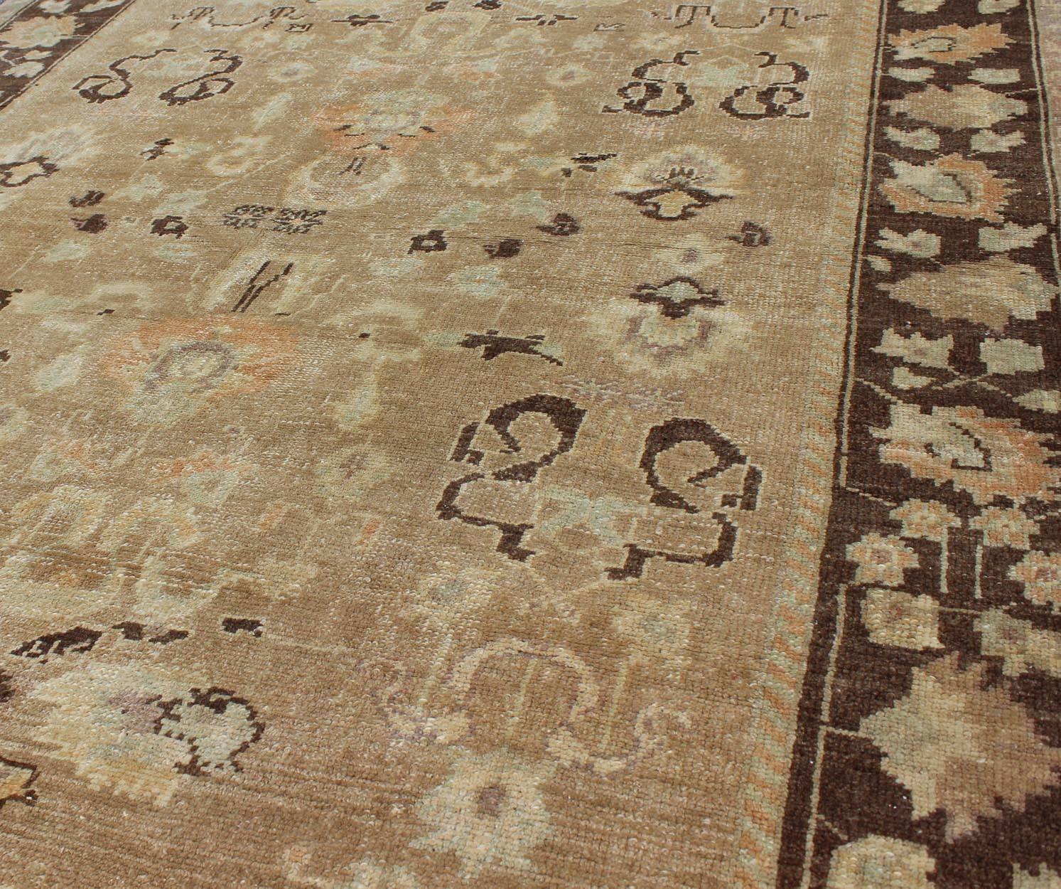 Wool Vintage Turkish Oushak Rug with Floral Design in Chocolate Brown and Taupe