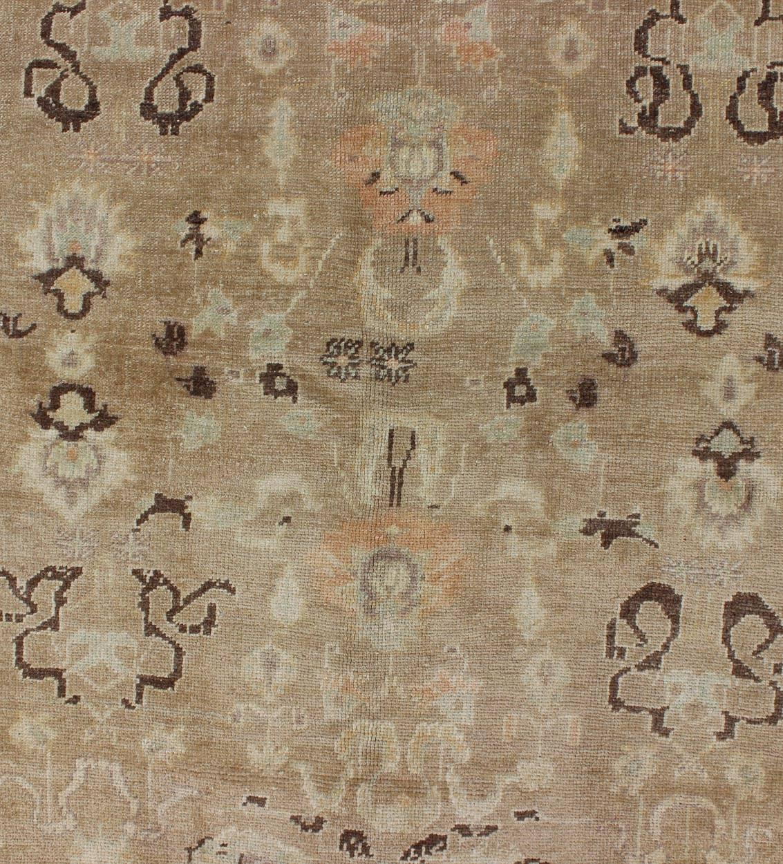 Vintage Turkish Oushak Rug with Floral Design in Chocolate Brown and Taupe 1