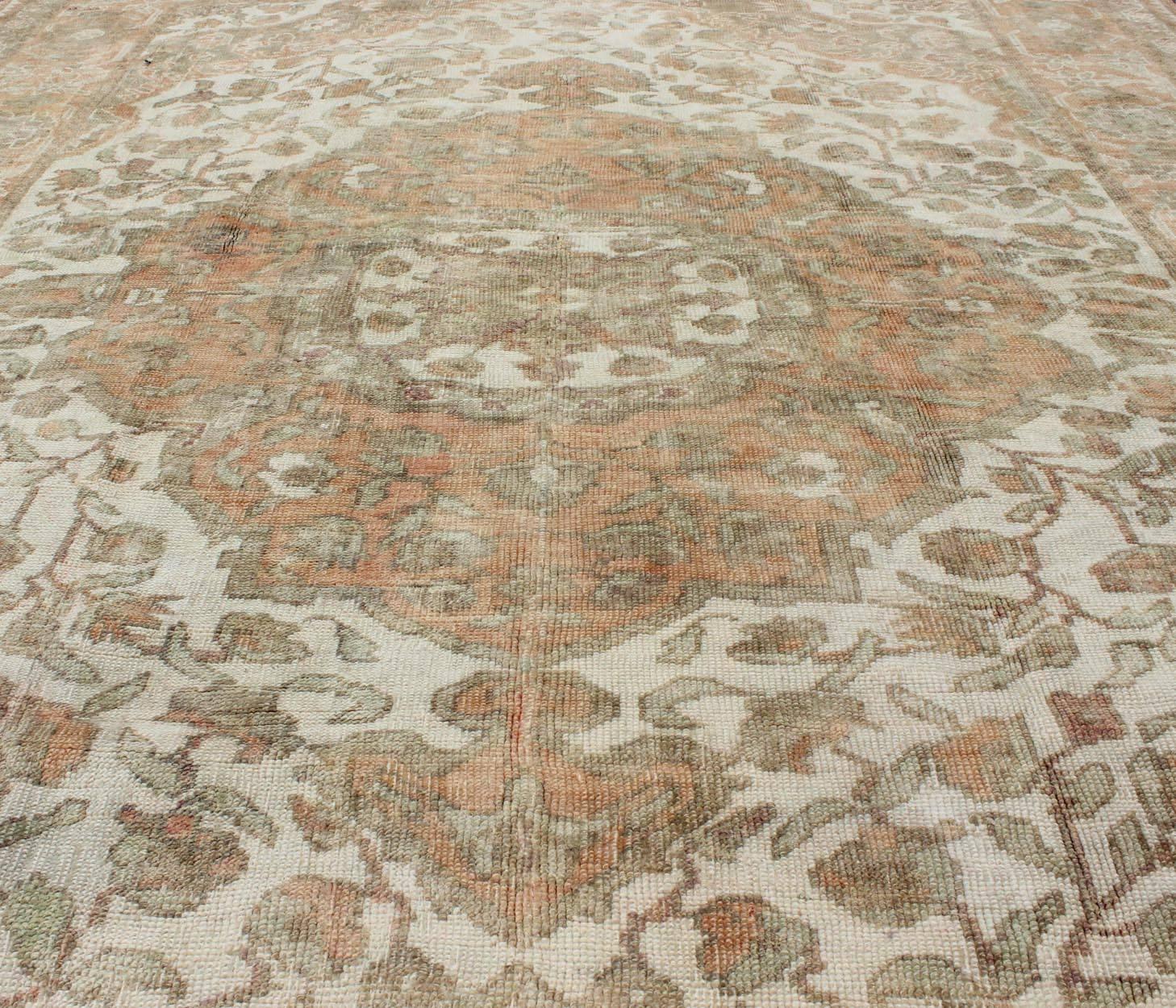Hand-Knotted Vintage Turkish Oushak Rug in Peach, Ivory, Light Blue, and Light Green For Sale