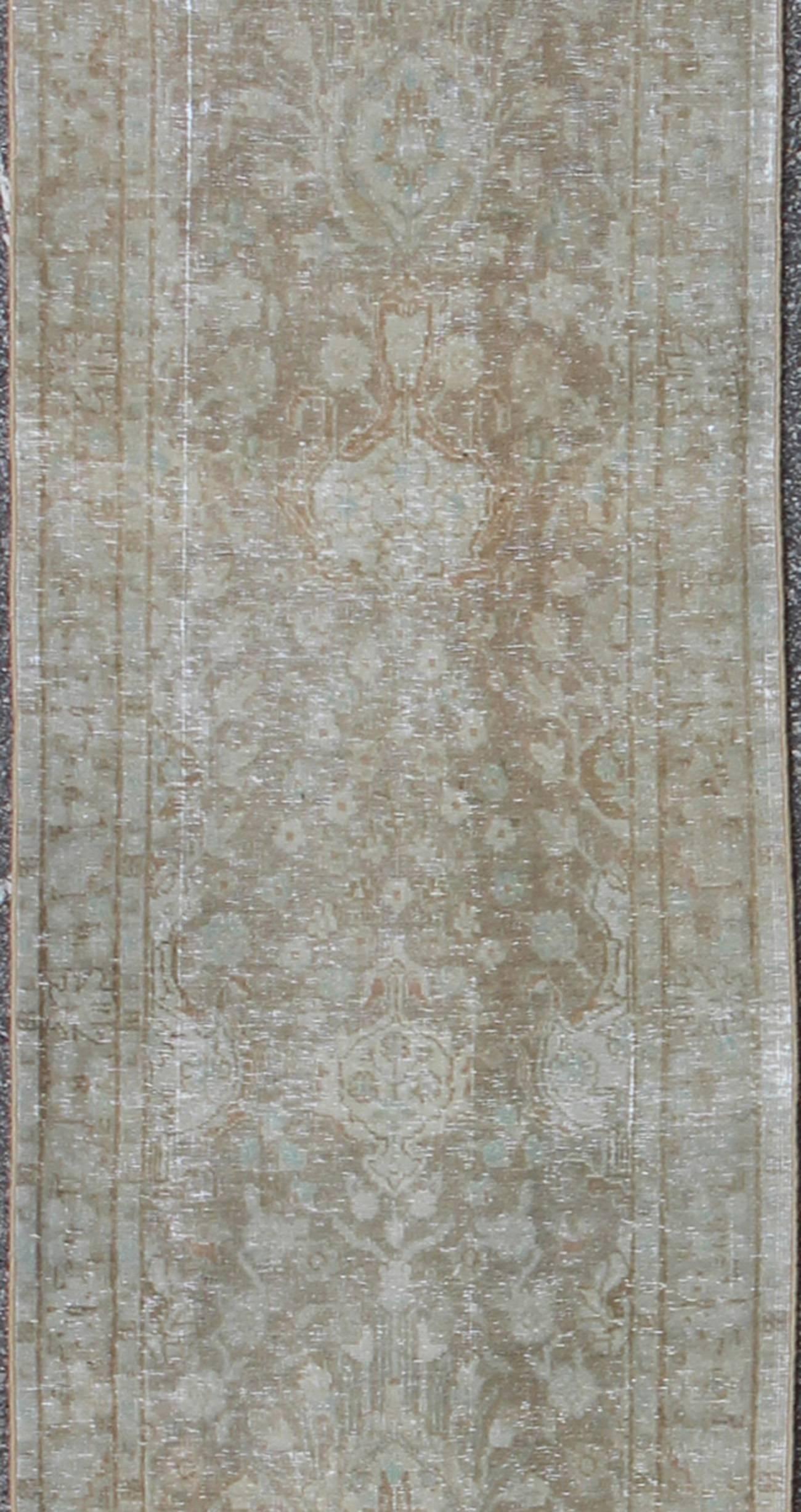 Hand-Knotted Long & Narrow Vintage Tabriz Runner with Taupe, Soft Blue and Light Brown  For Sale