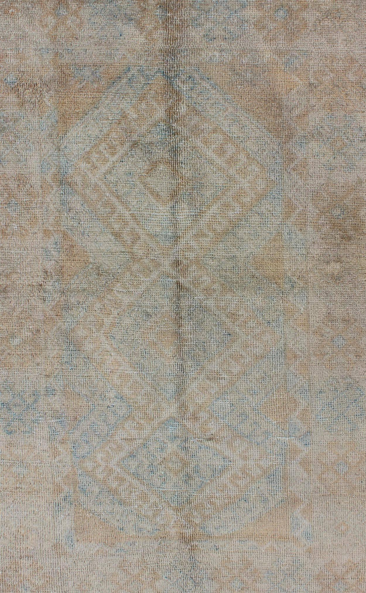 Hand-Knotted Turkish Oushak Rug with Three Central Medallions in Muted Taupe and Pale Blue