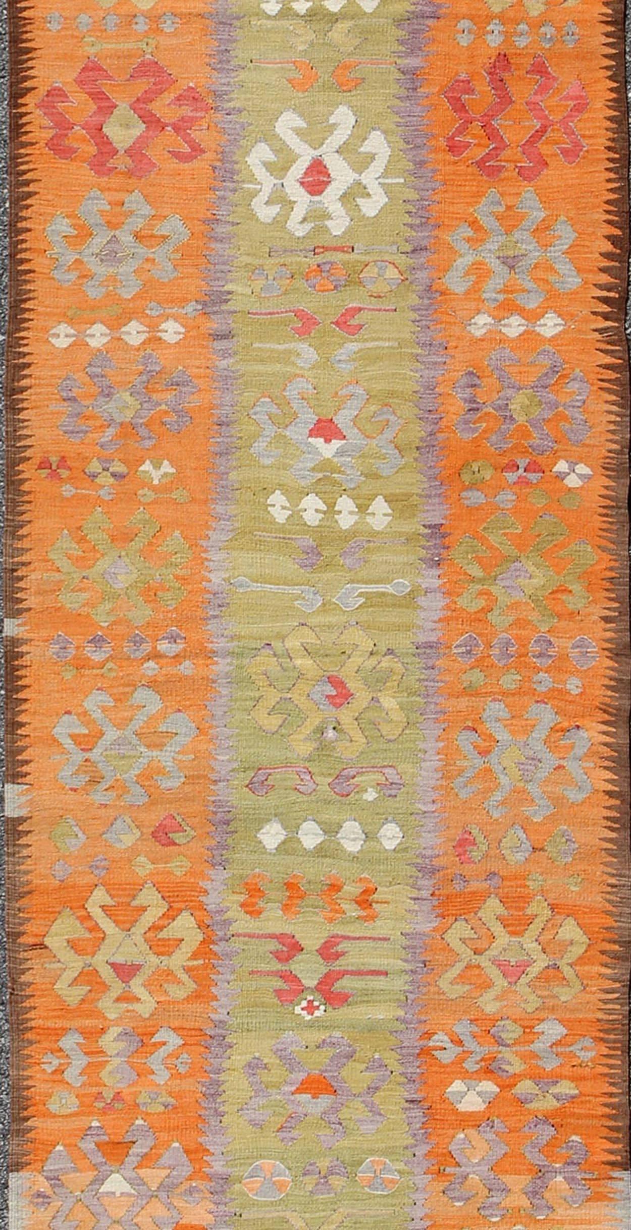 Turkish Long Kilim Runner with Tribal Design in Citron Green, Red and Orange