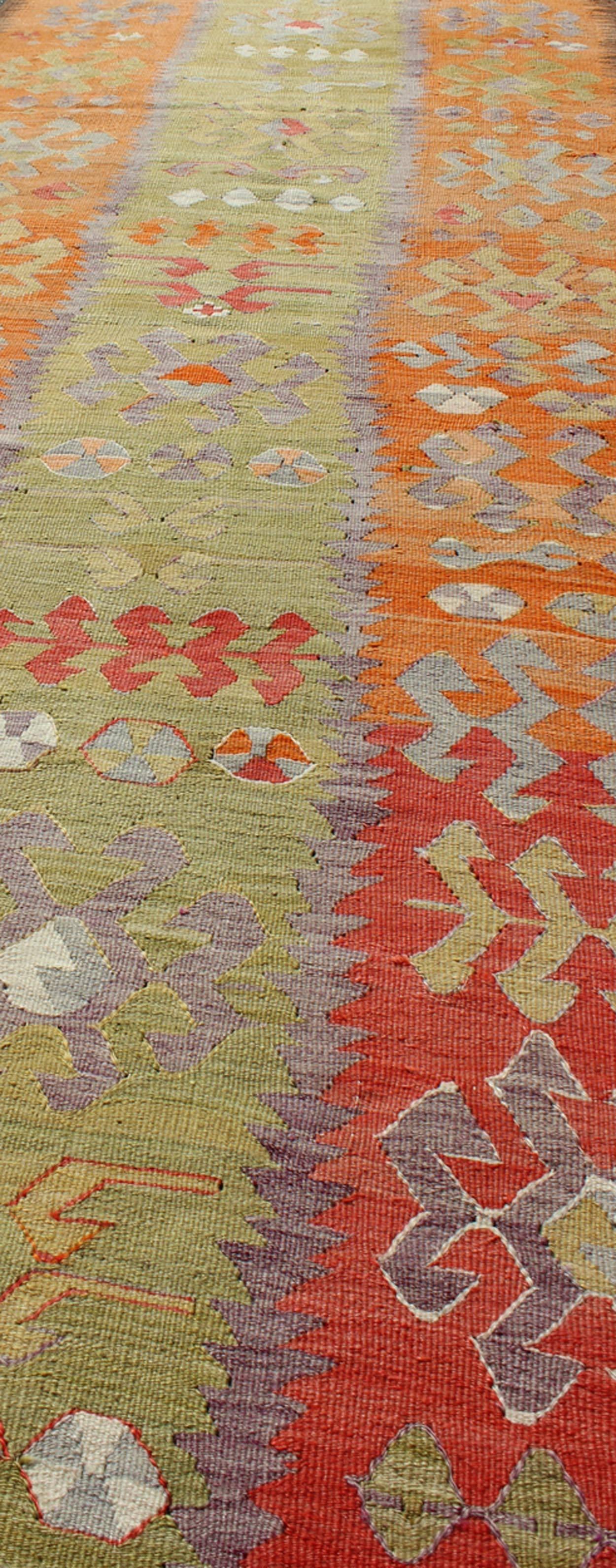 20th Century Long Kilim Runner with Tribal Design in Citron Green, Red and Orange