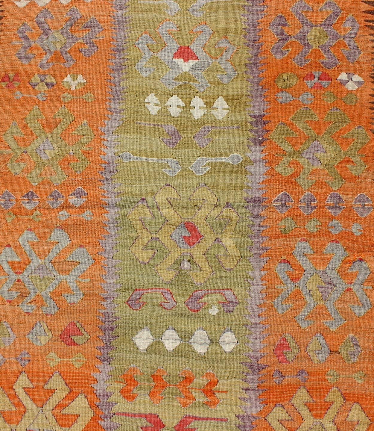 Wool Long Kilim Runner with Tribal Design in Citron Green, Red and Orange
