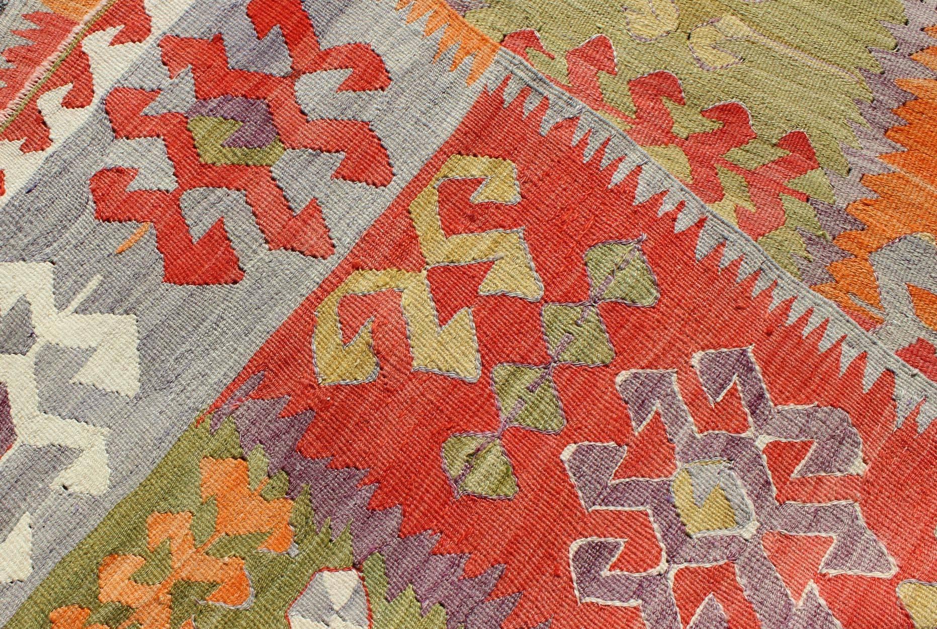 Long Kilim Runner with Tribal Design in Citron Green, Red and Orange 1