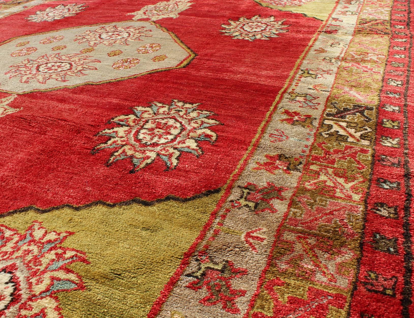 20th Century Turkish Konya Rug With Medallion in Red, Lime Green, Gray, Yellow, and Ivory  For Sale