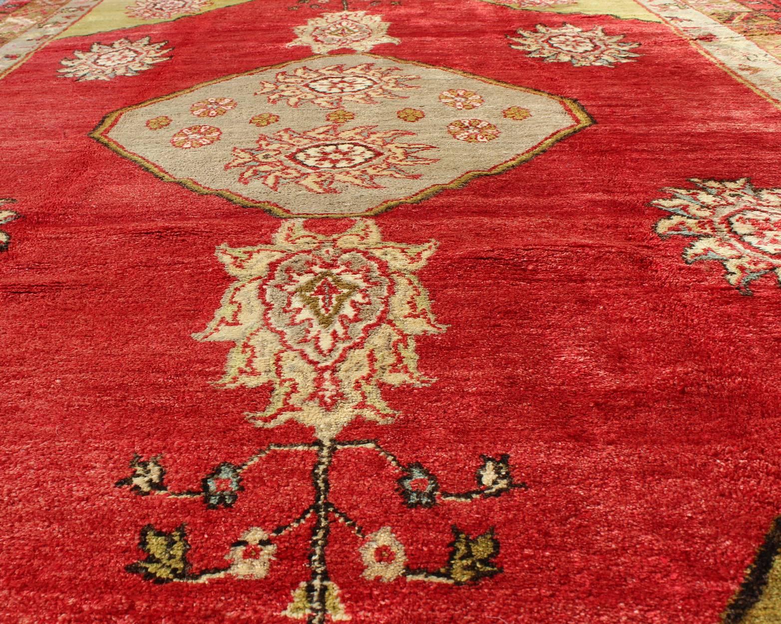Wool Turkish Konya Rug With Medallion in Red, Lime Green, Gray, Yellow, and Ivory  For Sale